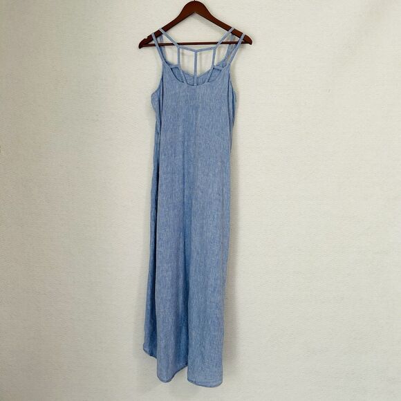 Antibes Blanc Sundress Women L Blue Chambray Maxi Strappy Asymmetrical Beachy - Picture 13 of 13